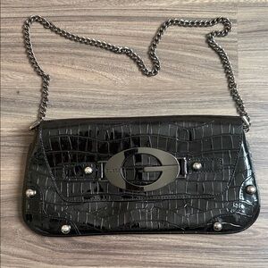 Guess Black Croc-Embossed Patent Shoulder Bag with Silver Chain
